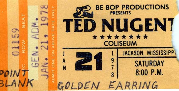 Ted Nugent show ticket with Golden Earring January 21 1978 Jackson - Coliseum